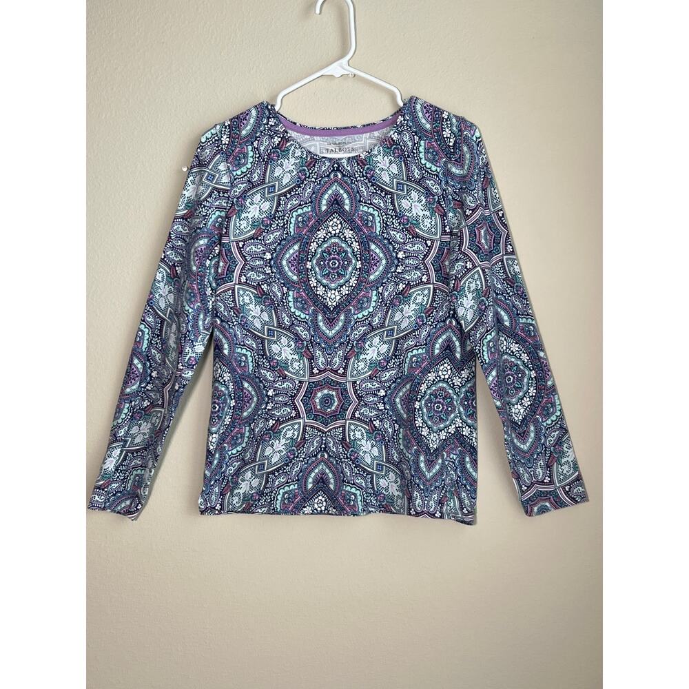 Talbots Long Sleeve Crewneck- Medallion Paisley - Purple Teal White Size Medium